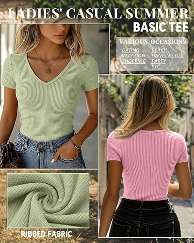 Ficerd 3 Pack Women's Short Sleeve Cotton T-Shirts V Neck Ribbed Slim Fit Tops Ladies' Casual Summer Basic Tee thumbnail 3