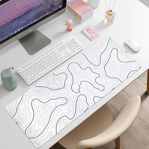 Large Gaming Mouse Pad, Topographic Mouse Mat for Gaming Mousepad Office, Long XL Mouse Pads Keyboard Pad for Computer Laptop 31.5''x11.8'' Desk Mat (White) thumbnail 2