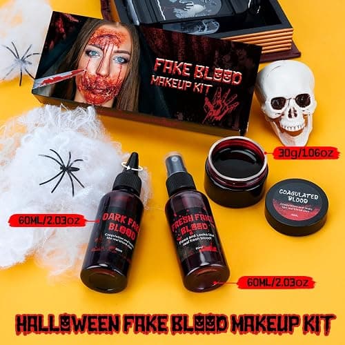 3PCS Halloween Fake Blood Kit Cosplay Makeup & Dress Up Accessories | 2.03oz Fake Blood Spray+2.03oz Dripping Blood+1.06oz Coagulated Gel Blood, Realistic Washable Fake Blood for Zombie Vampire thumbnail 2