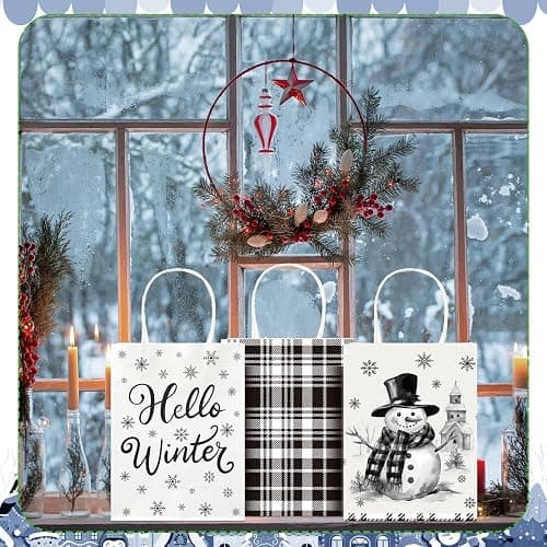 Fourluoo 30 Pack Winter Paper Gift Bags with Handles Black and White Winter Snowman Tote Bags 5.9 x 3.1 x 8.3 Inch Christmas Party Favor Snow Pine Candy Gift Handbag for Xmas Party Supplies thumbnail 2