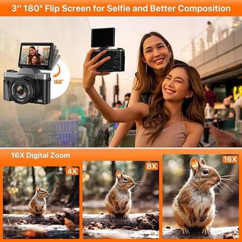4K Digital Camera for Photography 64MP WiFi Vlogging Camera for YouTube Autofocus 3" 180° Flip Screen 16X Zoom Compact Travel Cameras with Anti-Shake, SD Card, 2 Batteries & Battery Charger thumbnail 3