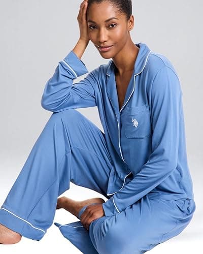 U.S. Polo Assn. Womens Pajama Set Long Sleeve Button Up Top and Pajama Pants thumbnail 2