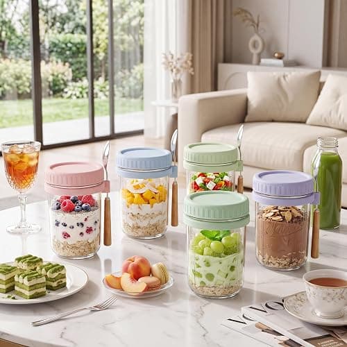 16oz Glass Overnight Oats Containers with Lids & Spoons, 6 Pack MultiColor | Wide Mouth Glass Jars with Airtight Lids, Perfect for Chia Pudding, Yogurt, Salad & Cereal Meal Prep Storage, Food Safe thumbnail 8