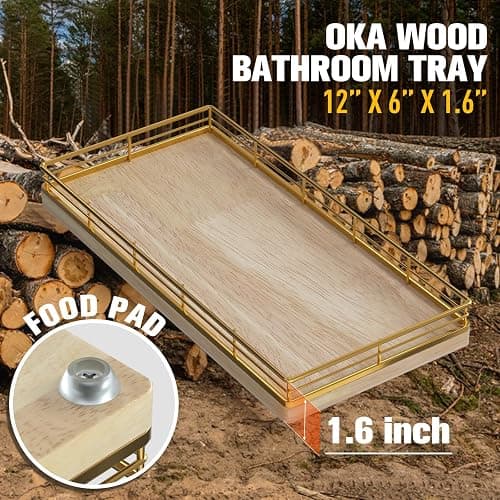 Bathroom Vanity Tray for Countertop, 12" x 6" Oak Wood Toilet Tank Tray with Metal Guardrail, Bathroom Organizer for Soap, Perfume & Skincare, Non-Slip Decorative Tray for Dresser, Gold & Natural Oak thumbnail 3