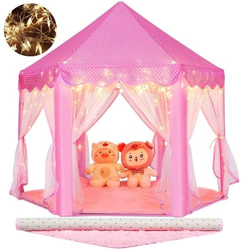 Monobeach Princess Tent Girls Large Playhouse Kids Castle Play Tent with Star Lights Toy for Children Indoor and Outdoor Games, 55'' x 53'' (DxH) (Pink Princess Tent with Play Mat) - Image 1