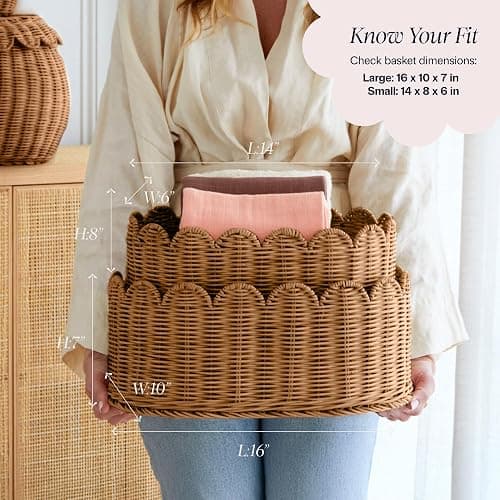 BEBE BASK Premium Scalloped Basket Set Of 2 - Scallop Basket - 16 x 10 x 7 Inch - Hand-Woven Elegant Wicker With Scalloped Edge - Nursery Storage (Mocca) thumbnail 4
