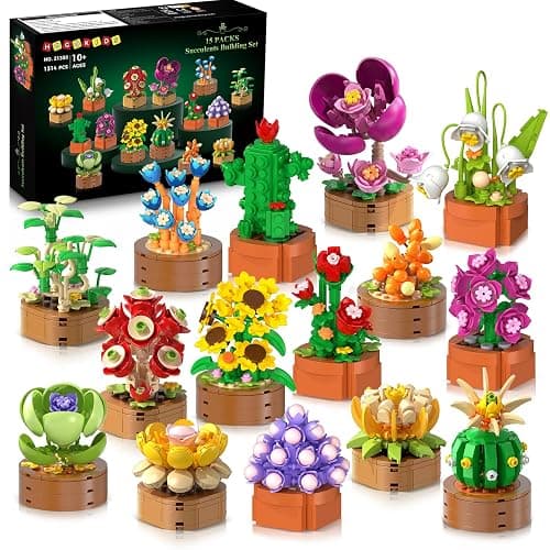 HOGOKIDS 15 Pack Flowers Succulents Mini Building Set for Adults Kids - 1314PCS Flower Plant Botanical Collection 3.6MM Bricks Toys, Christmas Home Office Décor Gifts for Women Boys Girls Age 6+ - Image 1