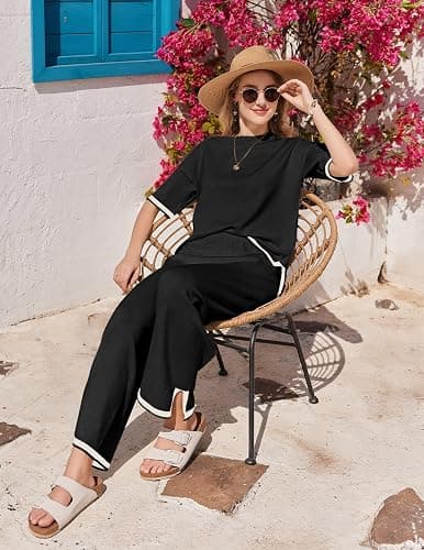 Ekouaer Lounge Set for Women Travel Outfits 2 Piece Sets Short Sleeve Sweater Top Wide Leg Long Pants Loungewear thumbnail 3