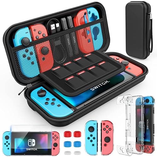 HEYSTOP Switch Case Compatible with Nintendo Switch, 9 in 1 Accessories kit with Carrying Case, Dockable Protective Case, HD Screen Protector and 6pcs Thumb Grips Caps - Image 1