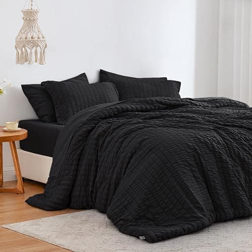 Love's cabin Seersucker Black Queen Comforter Set 7 Pieces, All Season Lightweight Bedding Set, Queen Bed in a Bag Comforter Set with Comforter, Flat Sheet, Fitted Sheet, Pillowcase and Pillow Sham - Image 1