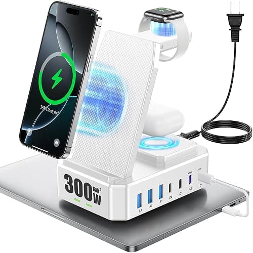 300W Charging Station for Multiple Devices Apple, Zutspzss 10 in 1 Wireless Charger for iPhone 17, GaN III USB C 65W PD Fast Charging Stand Dock for MacBook, Apple Watch&Airpods,White - Image 1