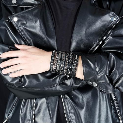 Eigso Leather Punk Rock Cuff Bracelets for Men Women Retro Vintage Chain 80s Wristband Set for Man Woman - 3Pcs-C thumbnail 6