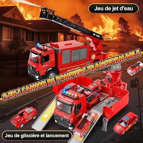 BuntWunder Gros Camion Pompier Enfant, Voiture de Pompier avec Sonore, Lumineux et éChelle Pivotante de Extensible, Construction Véhicule Jouet avec Pulvérisation d'eau, Cadeau Enfant 3 4 5 6 7 8 Ans thumbnail 3