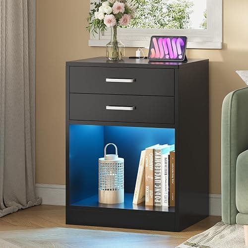 ADORNEVE LED Nightstands Set of 2,Night Stands for Bedrooms Set of 2,Nightstand with Charging Station and LED Lights,Black Bedside Table with Power Outlets & Drawers,Modern End Side Table thumbnail 7