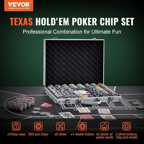 VEVOR Poker Chip Set, 500-Piece Poker Set, Complete Poker Playing Game Set with Aluminum Carrying Case, 11.5 Gram Casino Chips, Cards, Buttons and Dices, for Texas Hold'em, Blackjack, Gambling thumbnail 4