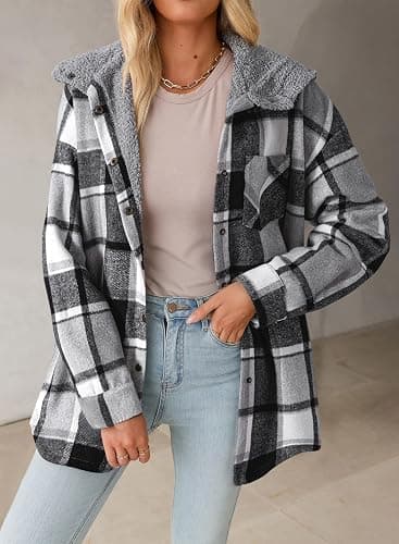 Dokotoo Women's Flannel Hooded Plaid 2025 Shacket Thick Coat Winter Coat for Warmth Button down Warm and Fuzzy Fleece Jacket thumbnail 3