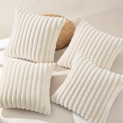 decorUhome Set of 4 Faux Fur Throw Pillow Covers 18x18 Inch Decorative Farmhouse Modern Soft Plush Striped Couch Pillow Covers with Velvet Back for Sofa, Bed, Living Room, Cream White thumbnail 5
