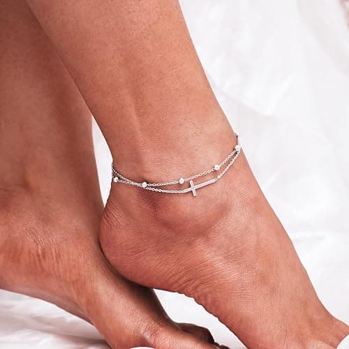 CHIC & ARTSY 925 Sterling Silver Ankle Bracelets for Women, Adjustable Layered Foot Chains with Nature & Symbol Charms, Lightweight Comfort Fit Boho Beach Everyday Jewelry thumbnail 3