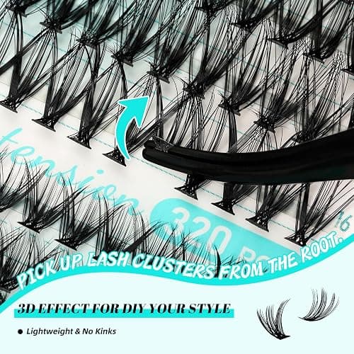 AMZGIRL LASH Clusters Kit 320Pcs, DIY Individual Extensions with Lash Bond and Seal, Remover For False Eyelashes, Applicator Tool Kit At Home(3040D,D-Mix9-16mm, Black thumbnail 4