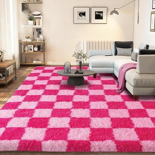 KOGSA 6x9 Fluffy Fuzzy Area Rug for Living Room Bedroom, Hot Pink Checkered | Ultra Soft Large Living Room Rugs, Non Slip Thick Shag Rug for Dorm, Kids Girls Boys Rug for Home Decor Aesthetic thumbnail 7