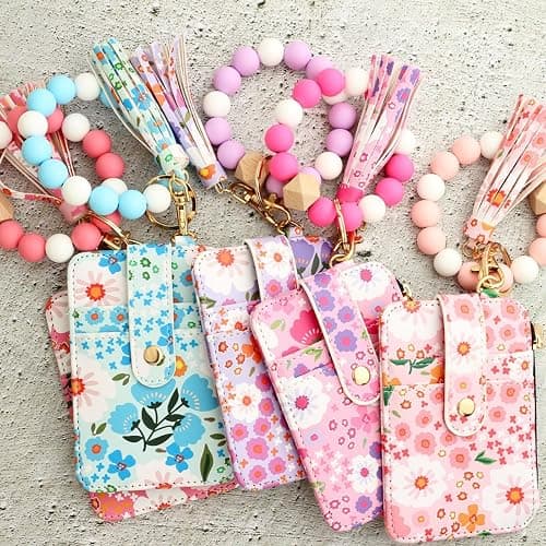 Women's Boho Beaded Wallet with Flower Pattern, Women Boho Style Beaded & Tassel Decorated Keychain, Credit Card Holder Purse (Rose red) thumbnail 5
