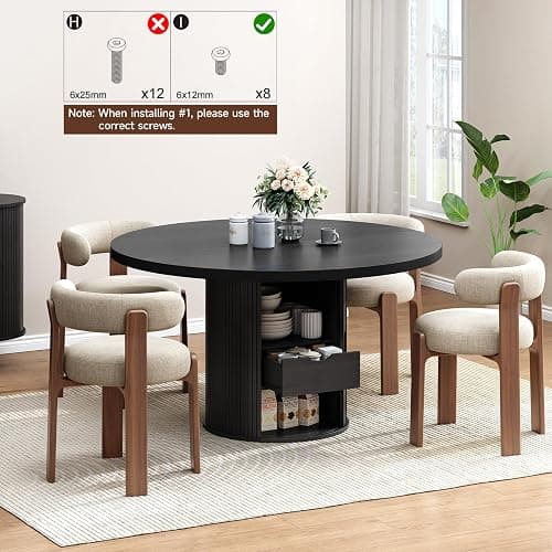 47 inch Round Dining Table for 4, Circle Kitchen Table with 2-Layer Storage Shelf and a Drawer, Modern Farmhouse Dinner Tables with Sliding Door and Wood Strip Base for Kitchen, Living Room (Black) thumbnail 5