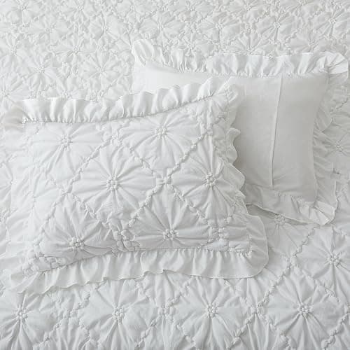 BEDAZZLED Queen Size Comforter Sets, White Bedding Comforter Set, 3 Pieces Pinch Pleat Bedding Sets with Comforter and Pillowcases Soft Farmhouse Shabby Chic Comforter for All Season thumbnail 4