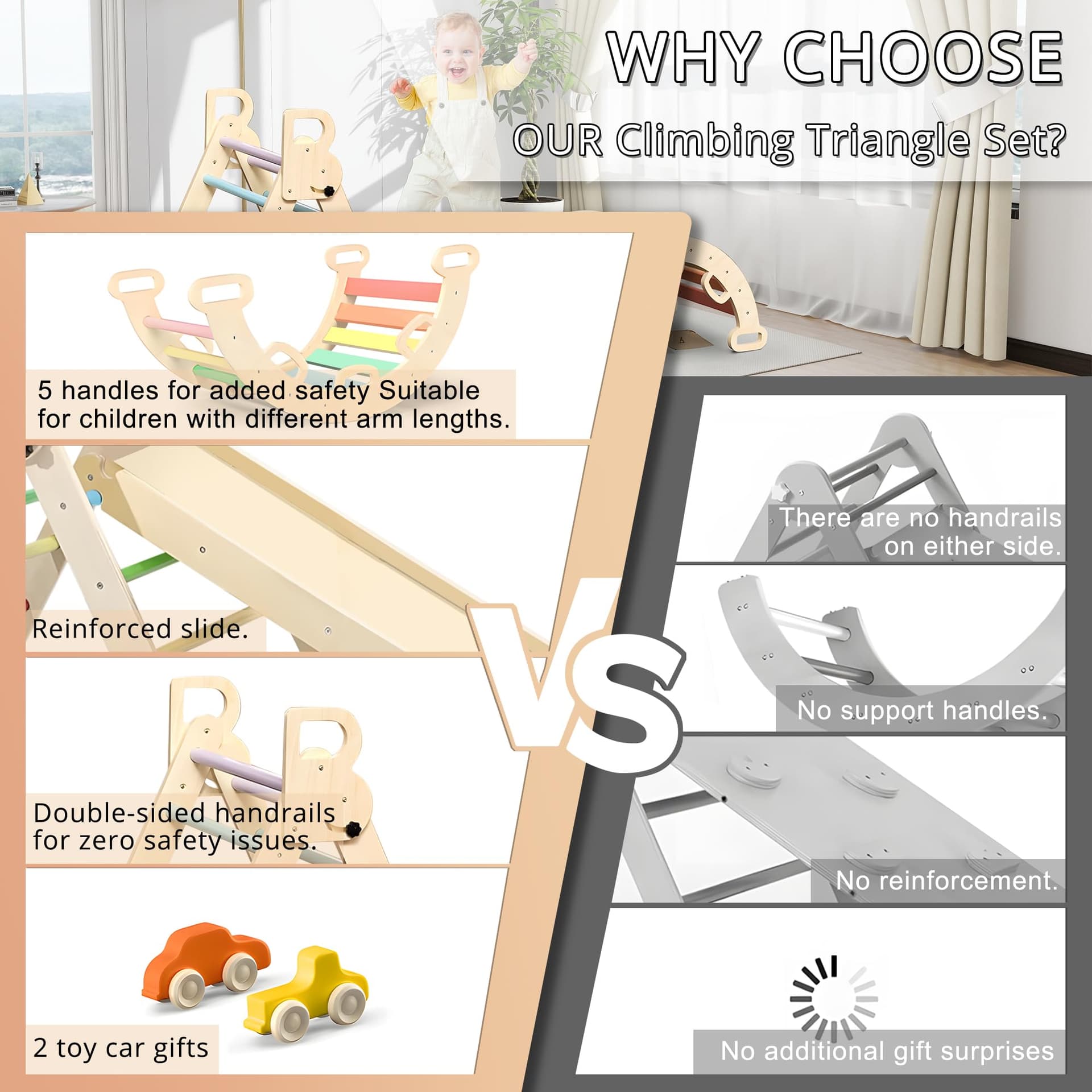 Kids Triangle Climbing Toys Set 7 in 1 Foldable Toddler Wooden Climbing Toys with Arch Ramp Ladder Baby Climber Indoor Jungle Gyms for Toddlers - Rainbow thumbnail 5