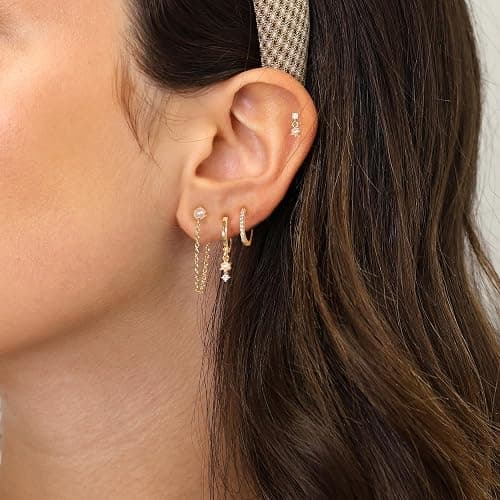 Gold Earrings for Women, 14k Gold Plated Dangle Huggie Earrings for Women Trendy Dainty Gold Hoop Earring Stacks Hypoallergenic Pearl Chain Drop Cartilage Earring Fashion Womens Jewelry thumbnail 6