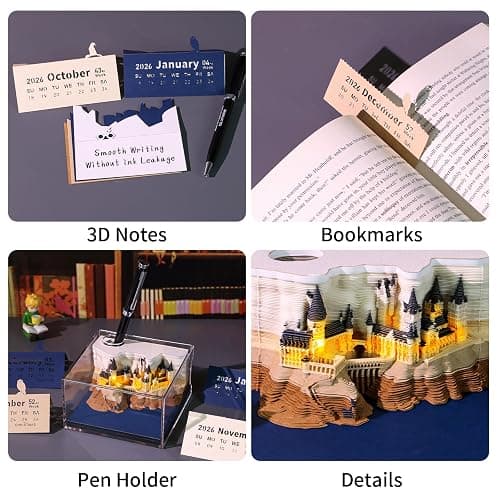 Time Piece Calendar 2026, 3d Desk Calendar 2026, Magic Castle with Weekly & LED Lights, 3D Calendar Paper Carving Art Memo Pad Notepad, Gift for Christmas Housewarming Desktop Decoration thumbnail 4