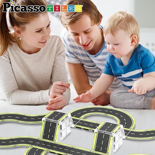 PicassoTiles Magnet Tile Car Track Adventure Theme Printed Street Road Runway Speedway Highway Magnetic Building Tiles Block Construction Pretend Play Playset STEM Education Learning Kit Kids 3+ PTE16 thumbnail 2