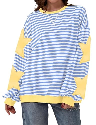 TERIVEEK Women Oversized Striped Color Block Long Sleeve Crew Neck Sweatshirt Casual Loose Pullover Y2K Shirt Top thumbnail 2