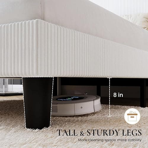 SHA CERLIN Full Size Corduroy Upholstered Platform Bed Frame with Vertical Channel Tufted Wingback Headboard, 8" Under Bed Storage, Wooden Slats & Metal Frame Support, Easy Assembly, White thumbnail 6
