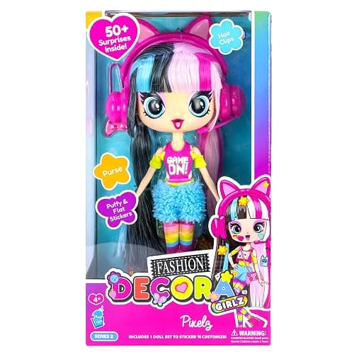 Decora Fashion Girlz Series 2– Pixelz The Gamer Girl – 11” Fabric-Costumed Posable Vinyl Doll with 50+ Surprises, Puffy & Flat Removable Stickers, Gamer Headset, and Accessories thumbnail 4