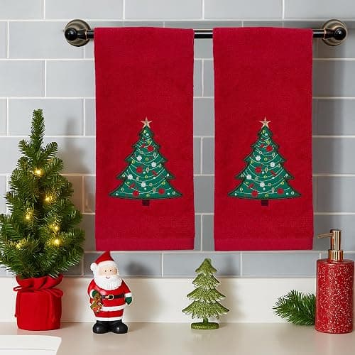 Serafina Home Christmas Red Bathroom Hand Towels, 2 pc Set, 16 x 25, Elegant Christmas Tree, 100% Cotton Velour Terry, Holiday Decor for Bath and Kitchen thumbnail 5