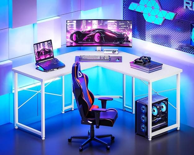 Casaottima 51 Inch L Shaped Gaming Desk, Compact Corner Computer Table, Stable Writing Workstation for Small Spaces, Home Office & Streaming Setup, Easy Assembly, Carbon Fiber Surface, White thumbnail 2