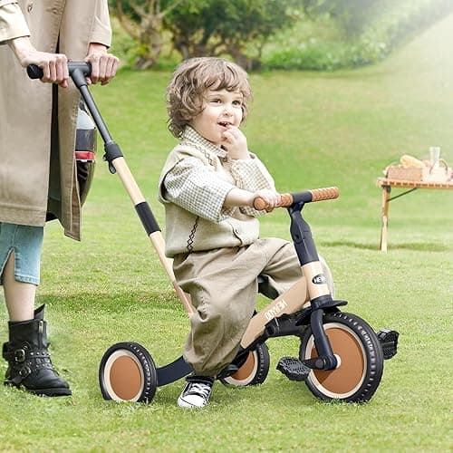 newyoo Toddler Tricycle with Push Handle for 1-3 Year Old, Toddler Bike, Birthday Gift and Toy for Boys and Girls, 5 in 1 Kids Trike, Balance Bike with Backrest and Safety Belt, Khaki, TR007 - Khaki thumbnail 2