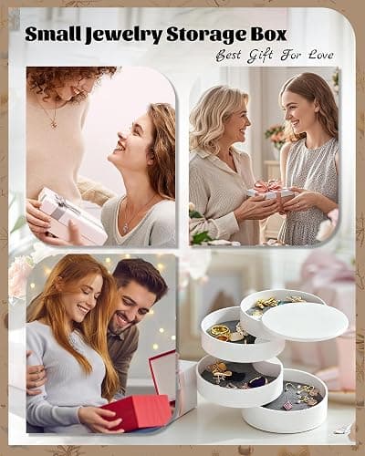 CONBOLA Jewelry Organizer, Small Jewelry Storage Box Earring Holder for Women, 5-Layer Rotating Travel Jewelry Tray Case with Lid for Bracelets Rings Bracelets, Gift for Women Teen Girls(White) thumbnail 9