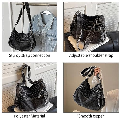 Large Denim Purses for Women Denim Tote Bag Casual Retro Crossbody Lightweight Shoulder Bag Canvas Handbags thumbnail 4