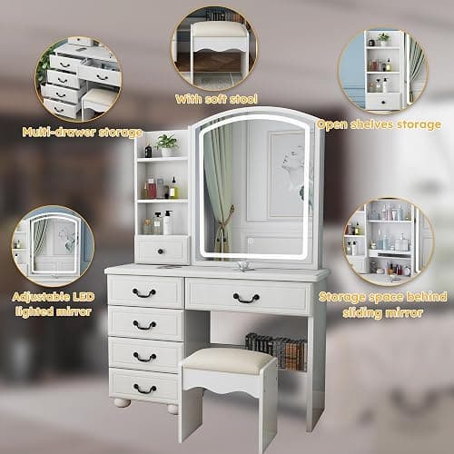 Runboll Makeup Vanity Desk with Mirror and Lights, Dressing Table Set with Stool, Makeup Table with 6 Drawers and Shelves Storage, 3 Lighting Modes, Brightness Adjustable thumbnail 6