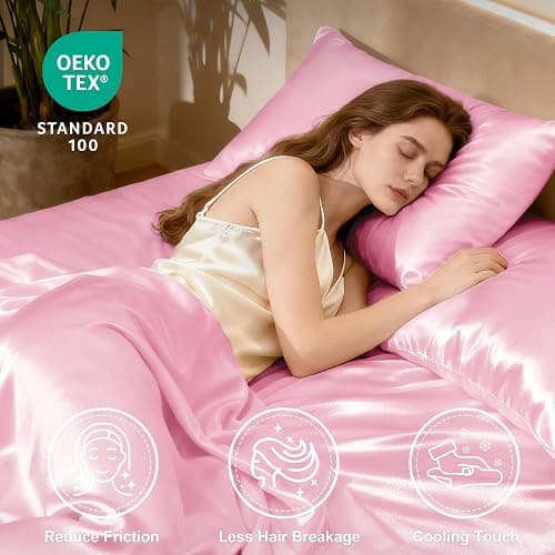 Love's cabin Satin Queen Sheets Set, 4 Pieces, Pink, 15" Deep Pocket | Luxury Silky Touch Bedding Set: Fitted Sheet, Flat Sheet & Pillowcases, Soft Smooth Silk Feel, All-Around Elastic Snug Fit thumbnail 3