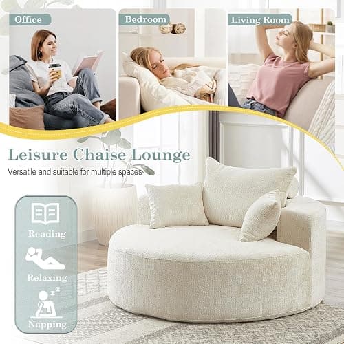 Oversized Round Chaise Longue Chair Indoor, Modern 55-inch Upholstered Chenille Deep Seat Circle Single Cloud Lounge Floor Sofa Chair for Living Room, Bedroom Apartment, Beige thumbnail 7