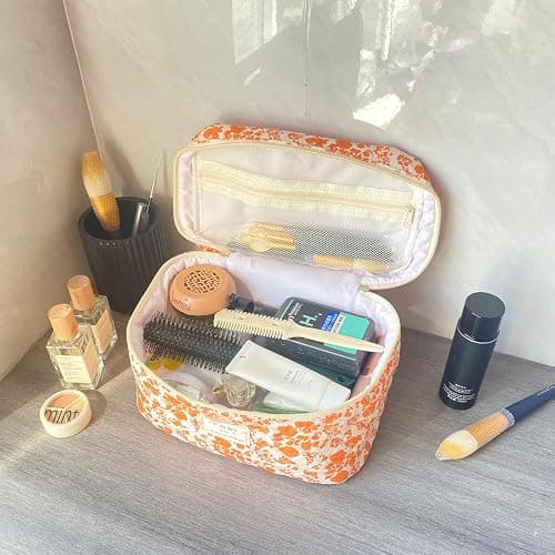WYJ Orange Large Quilted Floral Makeup Bag Cute Soft Coquette Aesthetic Cosmetic Bag Cotton Travel Toiletry Bag for Women thumbnail 2