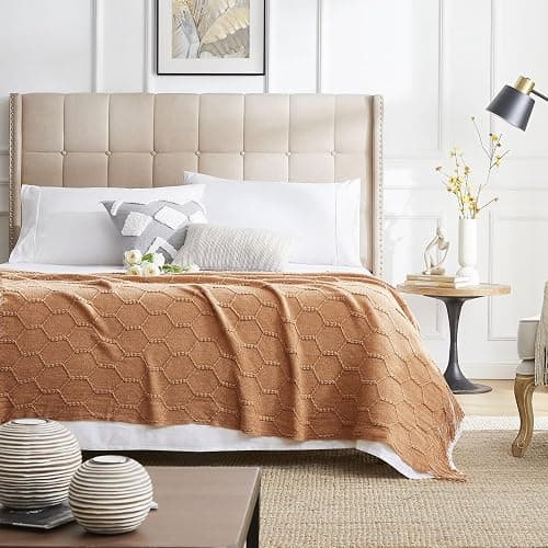 KASYLAN Diamond Knitted Throw Blanket Textured Solid Soft Sofa Throw Couch Knitted Decorative Blanket（Almond，50x60 inches） thumbnail 3