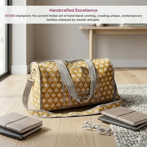 ATOSII Handblock Print 100% Cotton Large Quilted Duffle Bag for Overnight Trip, Travel Weekend Bag, Luggage, 2 Pockets with Zipper, 1 Front Pocket, Detachable Long Strap, 20 X 10 X 12 Inches, Flax thumbnail 2