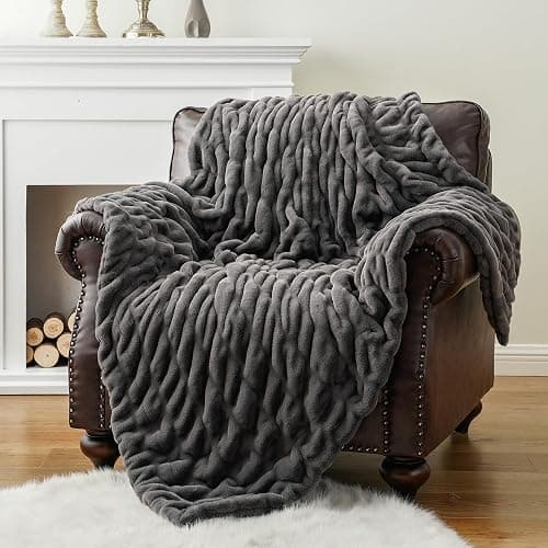 BATTILO HOME Luxury Faux Fur Blanket for Couch, Double Side Ruched Rabbit Fur Blanket Supper Soft Throw Blankets for Bed, Cozy Blanket, 50“x60 thumbnail 9