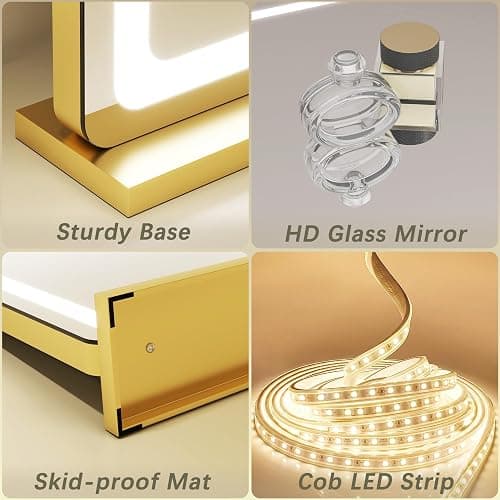 ROLOVE Gold Vanity Mirror with Lights, 32" x 22" Large Lighted Vanity Mirror with Dimmable 3 Modes, LED Makeup Mirror, USB Charging Port, Tabletop or Wall-Mounted thumbnail 7