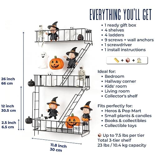 KOTIJOKI Fire Escape Wall Shelf - New York Decorative Floating Shelf - Wall Art Ladder Shelf - Black Metal Trinket Shelves for Bedroom, Home, Office, Storage and Display (3-Tier) thumbnail 3
