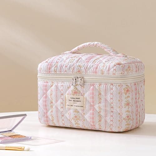 HBselect Quilted Makeup Bag, 3PCS Cotton Large Travel Makeup Bag, Cute Floral Coquette Make up Bag Cosmetic Bag Toiletry Bag for Women Girls thumbnail 5