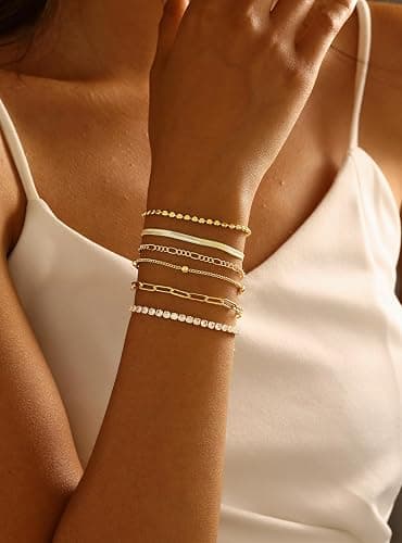 DEARMAY Waterproof Gold Bracelets Set for Women Trendy, Dainty 14K Real Gold Plated Jewelry Fashion Stackable Tennis Beaded Figaro Herringbone Paperclip Link Bracelet Pack Stack Gifts for Women - 6Pcs Gold Bracelets C thumbnail 4